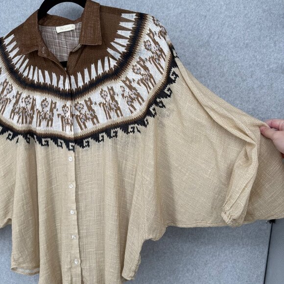 Mes Demoiselles Chevin Blouse Size FR 40/US 8 Neutral Peruvian Pattern Bat Wing - Picture 3 of 14
